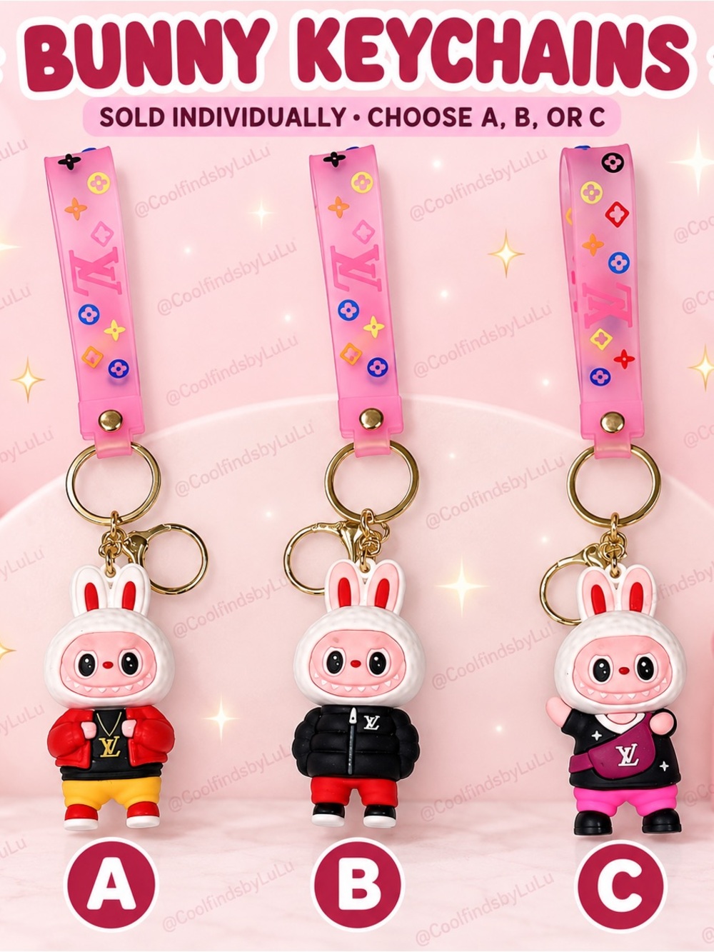 Bunny Keychain Charm for Kids - Pink Strap (Choose A, B, or C)